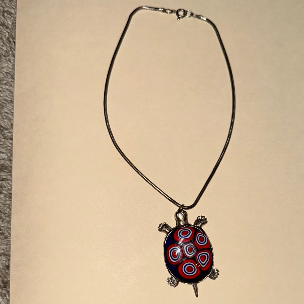 Murano  Turtle Pendant Necklace with Red Accents
